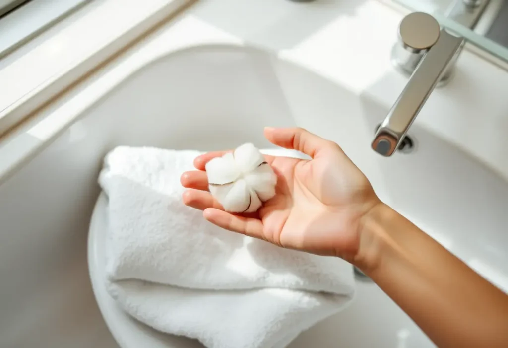 Une main féminine tient une boulette de coton blanc posée sur un linge dans une salle de bains, sujet parlant de la rééducation du périnée.