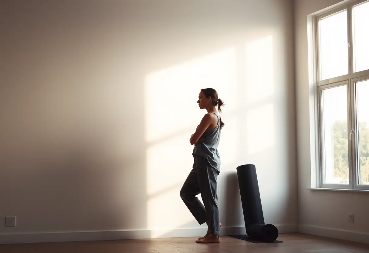 Un profil d’une femme habillée de vêtements amples, debout près d’un mur nu avec un tapis de yoga roulé à côté, évoquant la pratique de la rééducation du périnée.