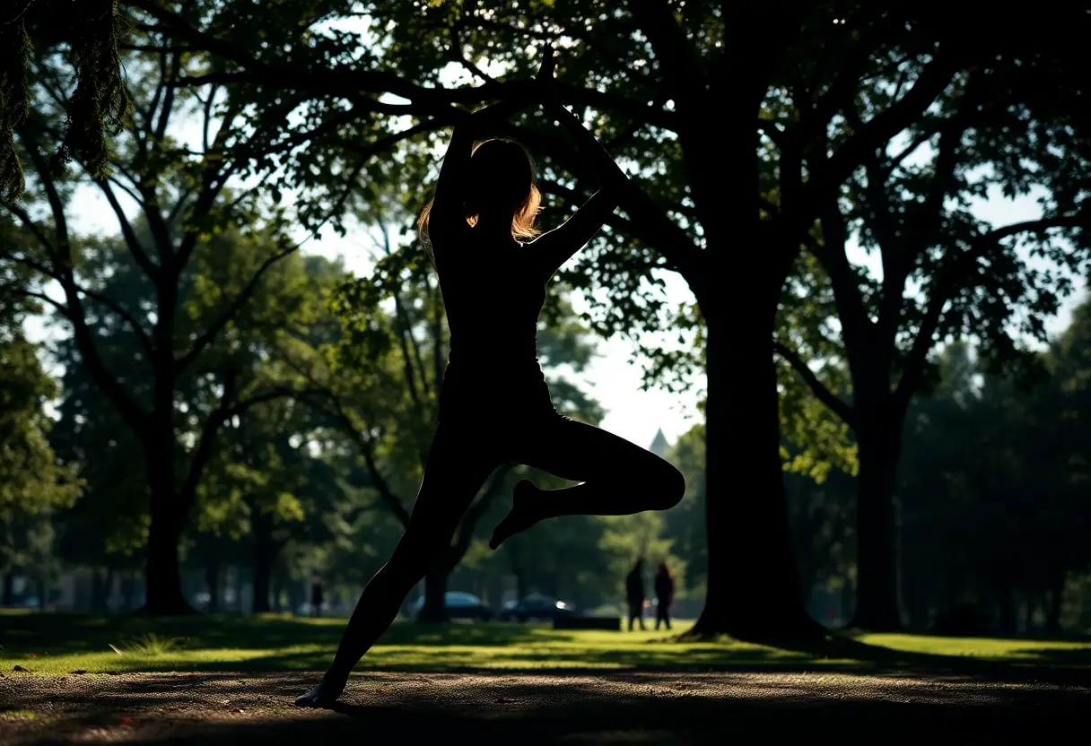 Silhouette de femme en train de faire du yoga dans un parc avec des ombres de feuilles