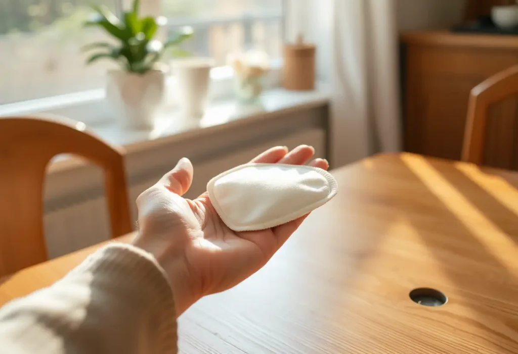 Une main tenant un tampon en coton posé sur une table, éclairée par la lumière du jour