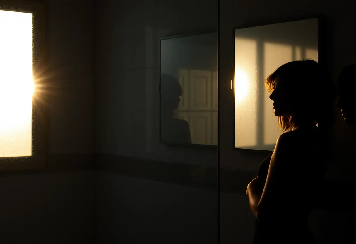 Le profil d'une femme devant un miroir dans une salle de bain au petit matin