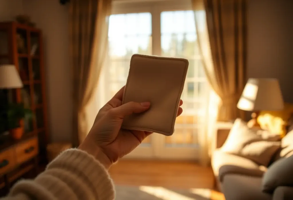 Une main féminine tenant doucement un petit coussin de coton dans un salon accueillant, lumière naturelle filtrée