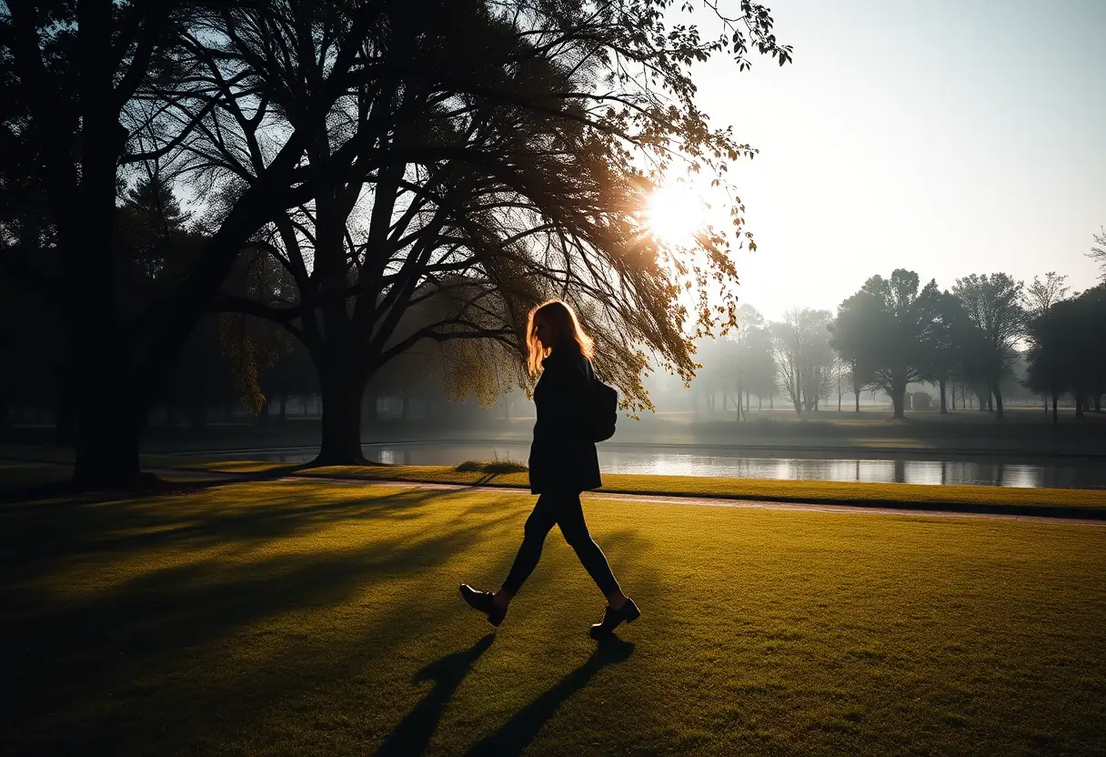 Silhouette d'une femme marchant dans un parc avec des arbres et un étang en arrière-plan, lumière du matin créant des ombres longues