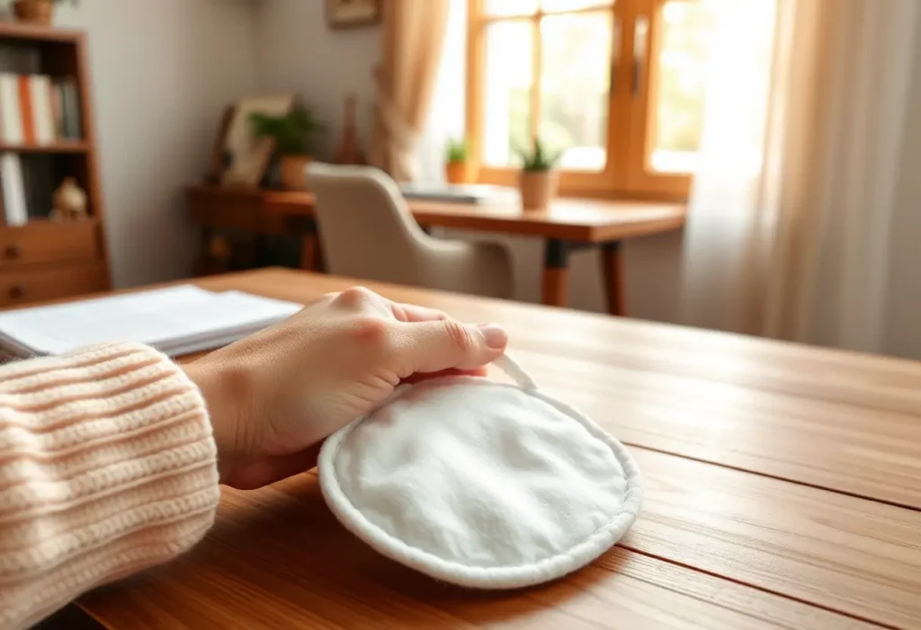 Une main posant doucement un tampon en coton sur un bureau chaleureux