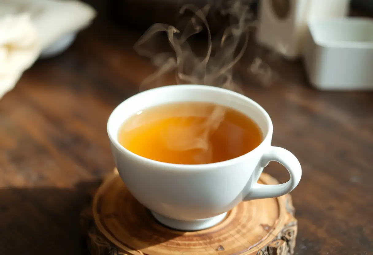 Une tasse blanche remplie de thé herbeux fumant sur un coussinet en bois
