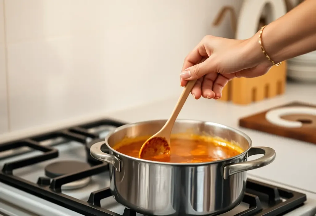 Main de femme tenant une cuillère en bois dans une cuisine