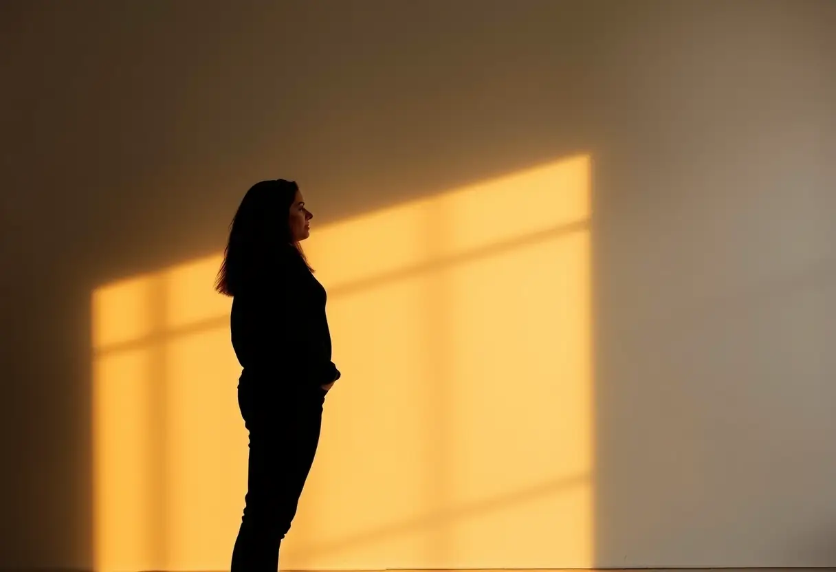 Silhouette de femme pensant contre un mur blanc