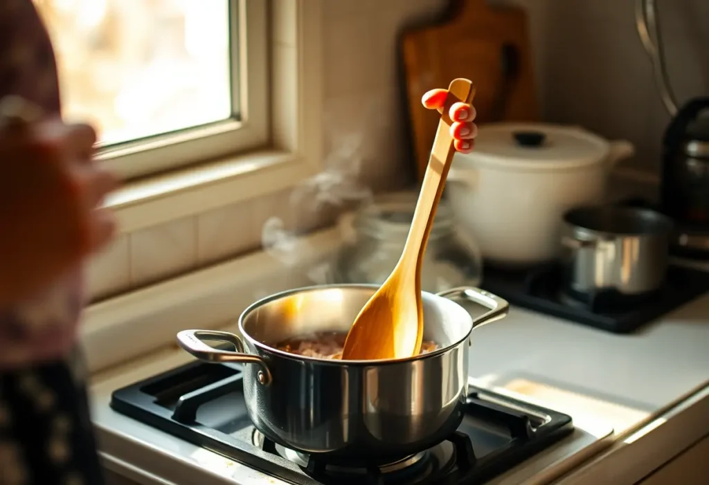 Une main féminine tient une cuillère en bois au-dessus d'une casserole dans une cuisine, évoquant la cuisine et la bien-être