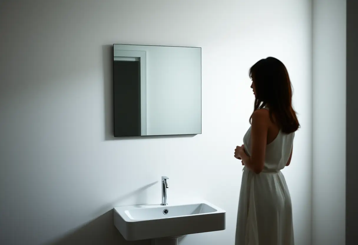 Un profil féminin reflété dans un miroir de salle de bains, symbolisant l'acceptation de soi