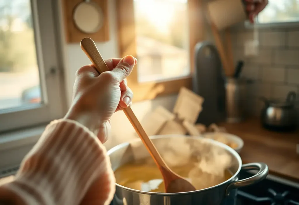 Une main féminine tient une cuillère en bois près d'une marmite dans une cuisine accueillante, éclairée par la lumière du crépuscule