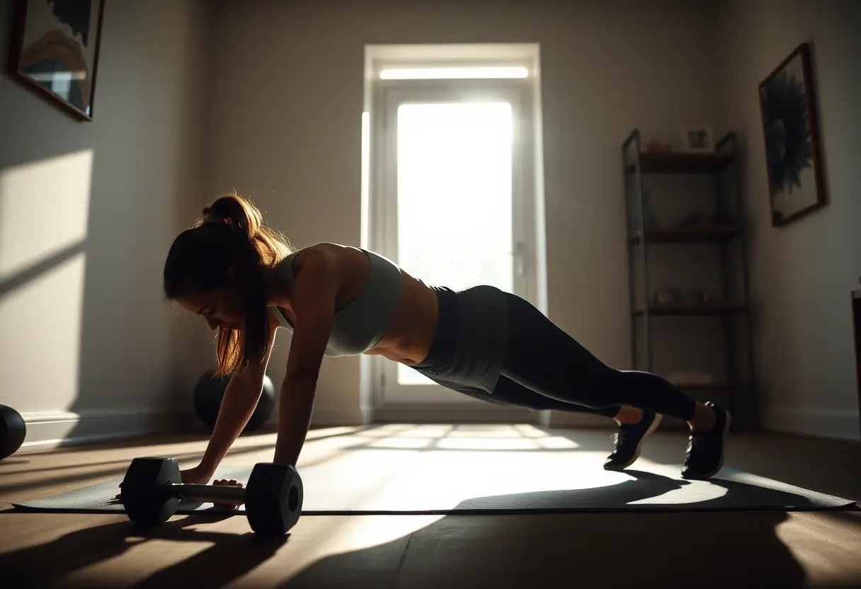 Silhouette d'une femme en train de faire un plan incliné dans un home gym, éclairée par la lumière du matin qui filtre à travers une fenêtre