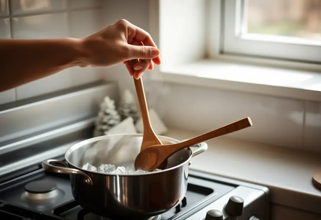 Une main féminine tient délicatement une cuillère en bois au-dessus d'une marmite qui mijote, évoquant le bien-être et la sérénité.