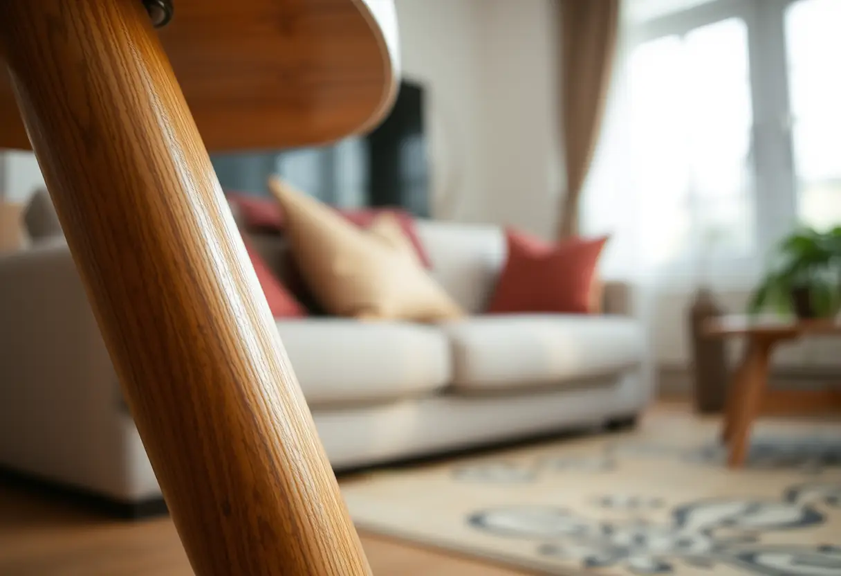 Un pied de chaise en bois dans un salon, rappelant le confort et l'usage durable, liés au bien-être personnel.