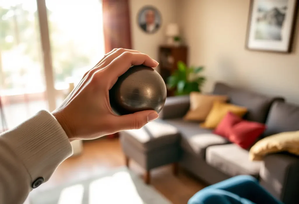Main de femme tenant une balle de gym ronde, intimité du salon, lumière naturelle