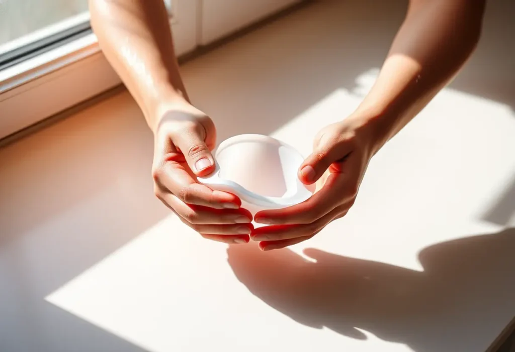 Des mains plient soigneusement un cup menstruel réutilisable sur un plan de travail de cuisine