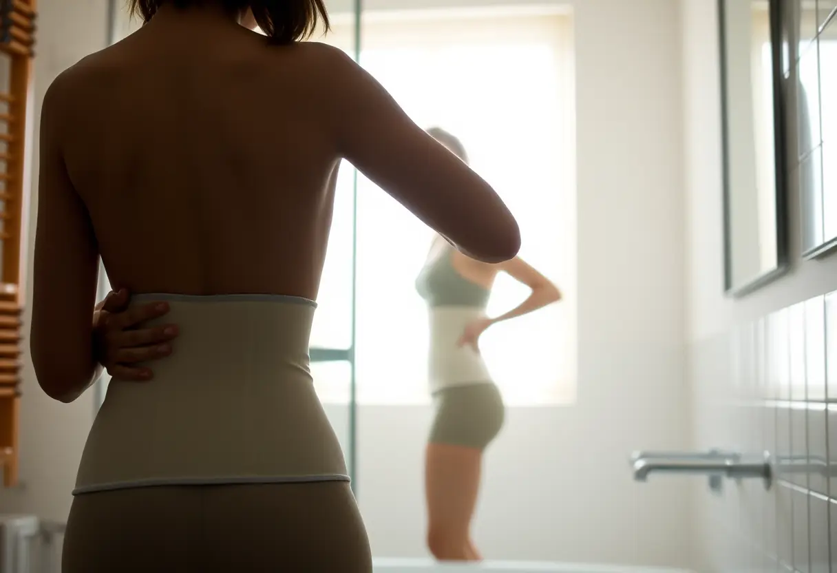 Un profil se prépare avec une ceinture hygiénique dans une salle de bains