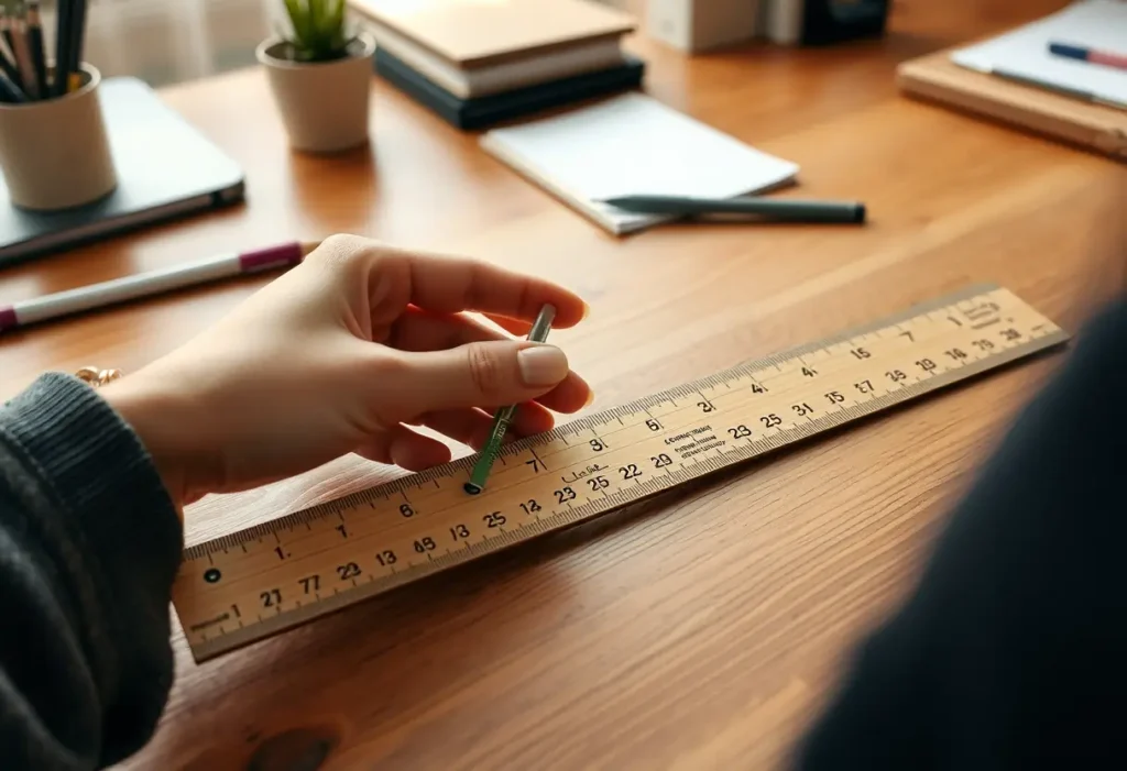 Main de femme tenant un règle en bois dans un bureau, illustrant la précision nécessaire pour les exercices