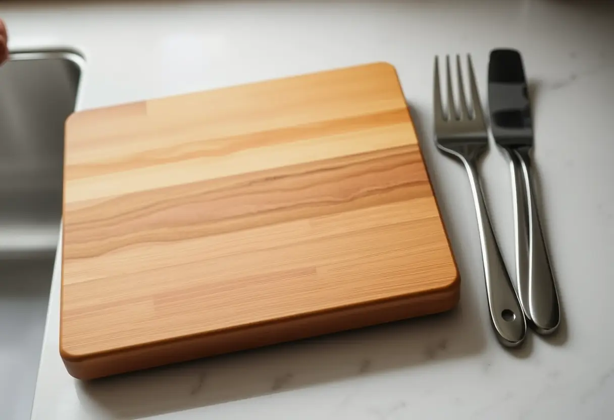 Planche à découper en bois sur un compteur de cuisine, représentant l'intégration quotidienne de la santé pelvienne dans la routine journalière