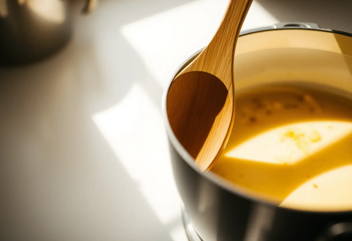 Un coulissant en bois remue doucement une marmite sur un comptoir de cuisine, lumière naturelle