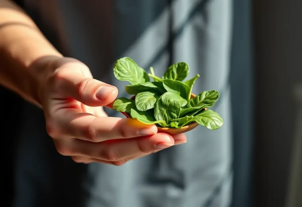 Une main tient une cuillère en bois pleine de feuilles de betterave, symbole de santé.