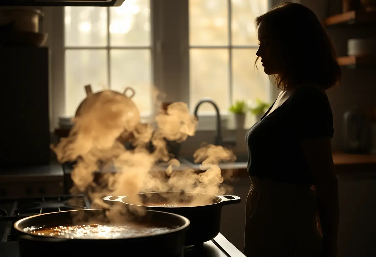 Un profil d'une femme dans une cuisine avec une marmite en fonte qui mijote, éclairée par la lumière douce de la pièce.