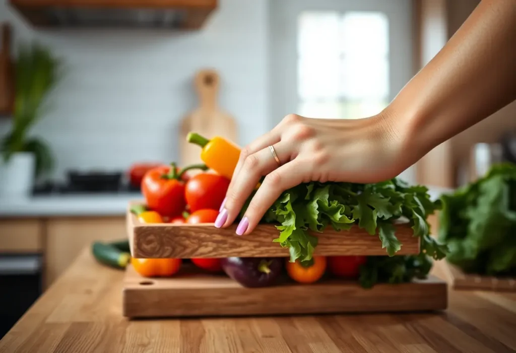 Une main posée sur un plan de travail avec des légumes frais