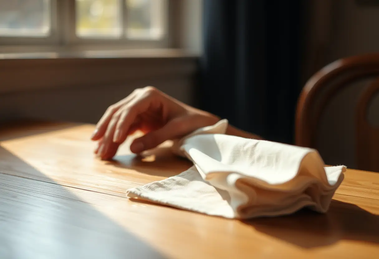 Une main féminine plie doucement une serviette en tissu sur une table de cuisine en bois, lumière naturelle chaude