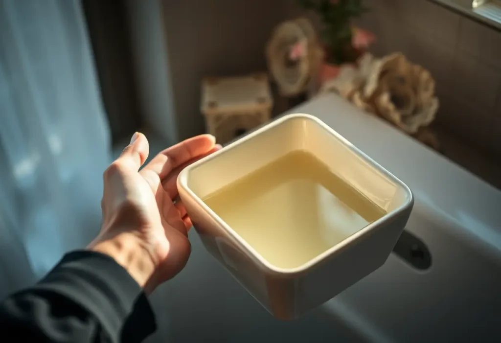 Une main féminine tient un bol en céramique rempli d'eau chaude, éclairée par la lumière du jour.