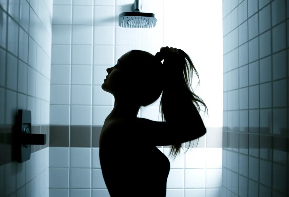 Un profil flou d'une femme se tenant devant un mur carrelé blanc dans une salle de bains, éclairée par la lumière tamisée venant de côté.