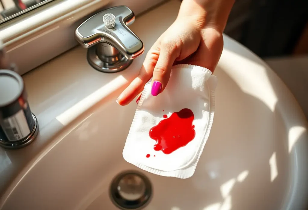 Main de femme tenant une boule de coton ensanglantée sur un lavabo, symbolisant la prémenopause