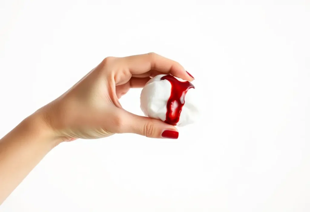 Main: Une main féminine tenant un tampon en coton teinté de sang