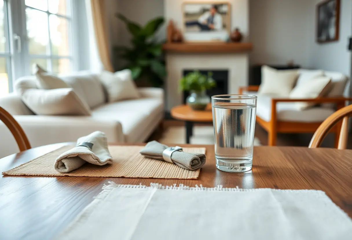 Main: Un plateau de table en bois avec un serviette et un verre d'eau dans une pièce accueillante