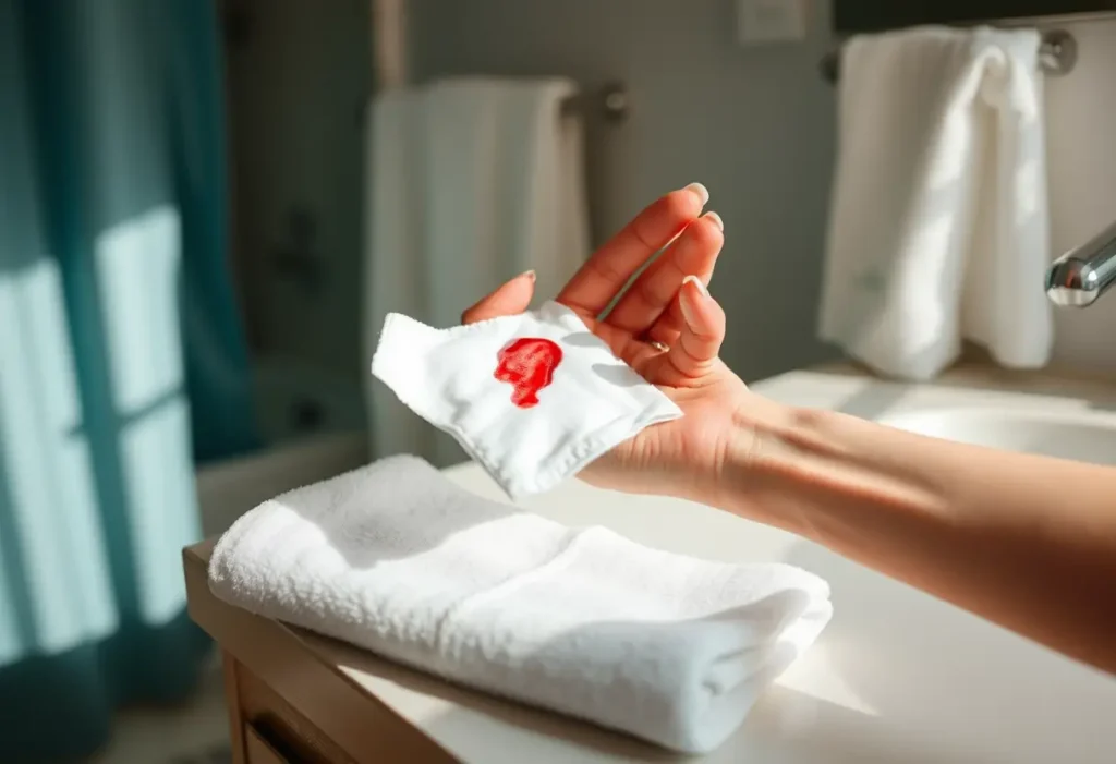 Main: Une serviette blanche avec une compresse tachée de sang sur une tablette de salle de bains.