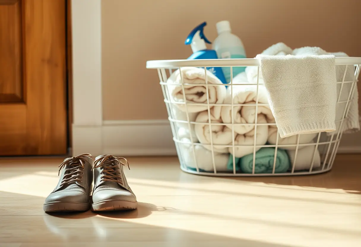 Main: Un meuble de rangement avec des serviettes et des produits d'hygiène féminine.