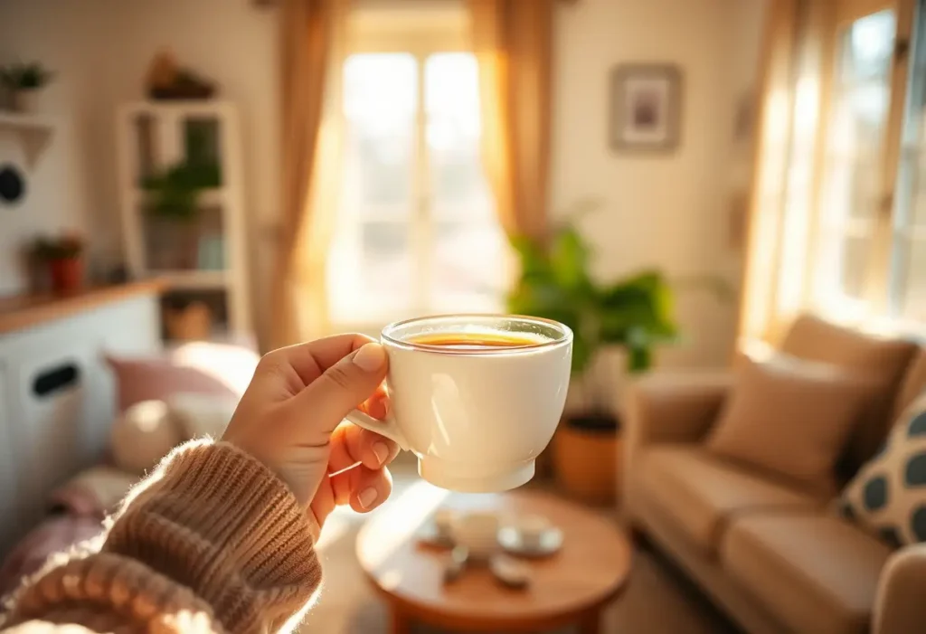Une main tenant une tasse de thé chaud dans une pièce accueillante, propice au bien-être.