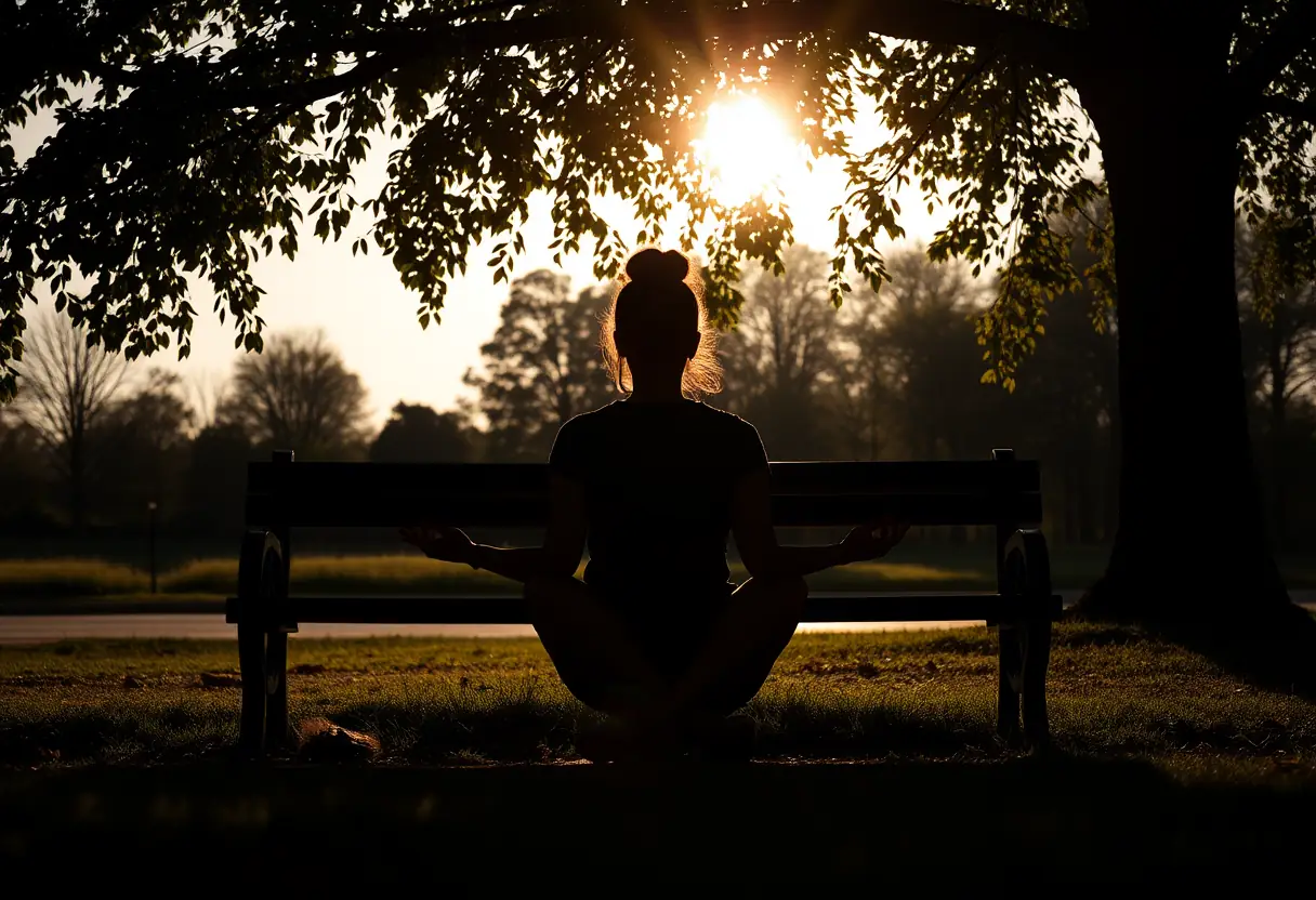 Un profil d'une femme méditant sur un banc de parc ombragé, l'atmosphère sereine et apaisante.