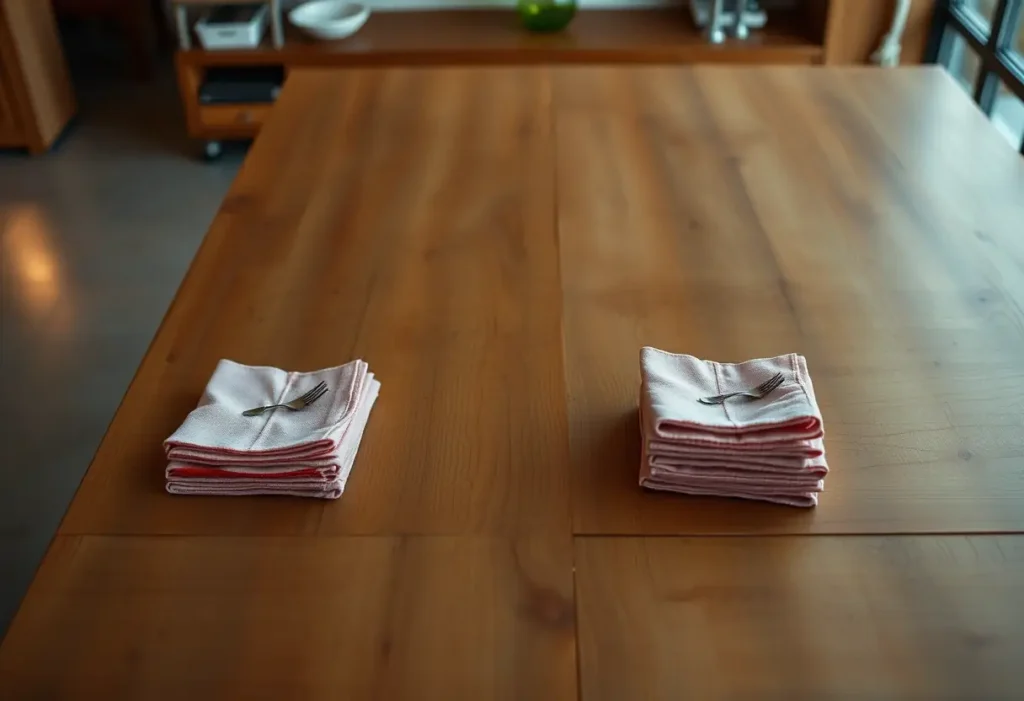 Un grand table de cuisine avec des serviettes pliées près de la nappe noires