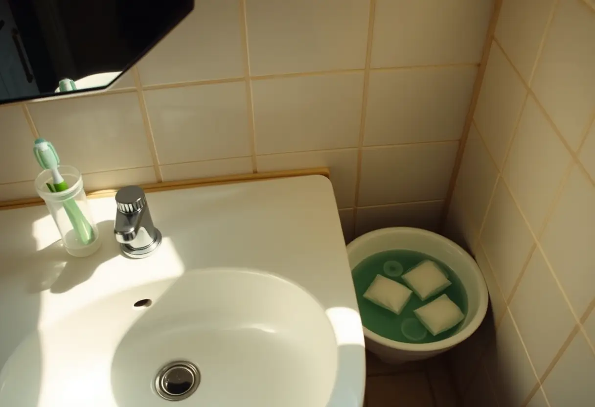 Un lavabo avec un porte-dents et des protections hygiéniques dans un petit bol d'eau