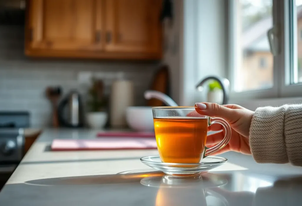 Une main féminine remue doucement une tasse de thé enrichi en fer dans une cuisine baignée de lumière du matin.