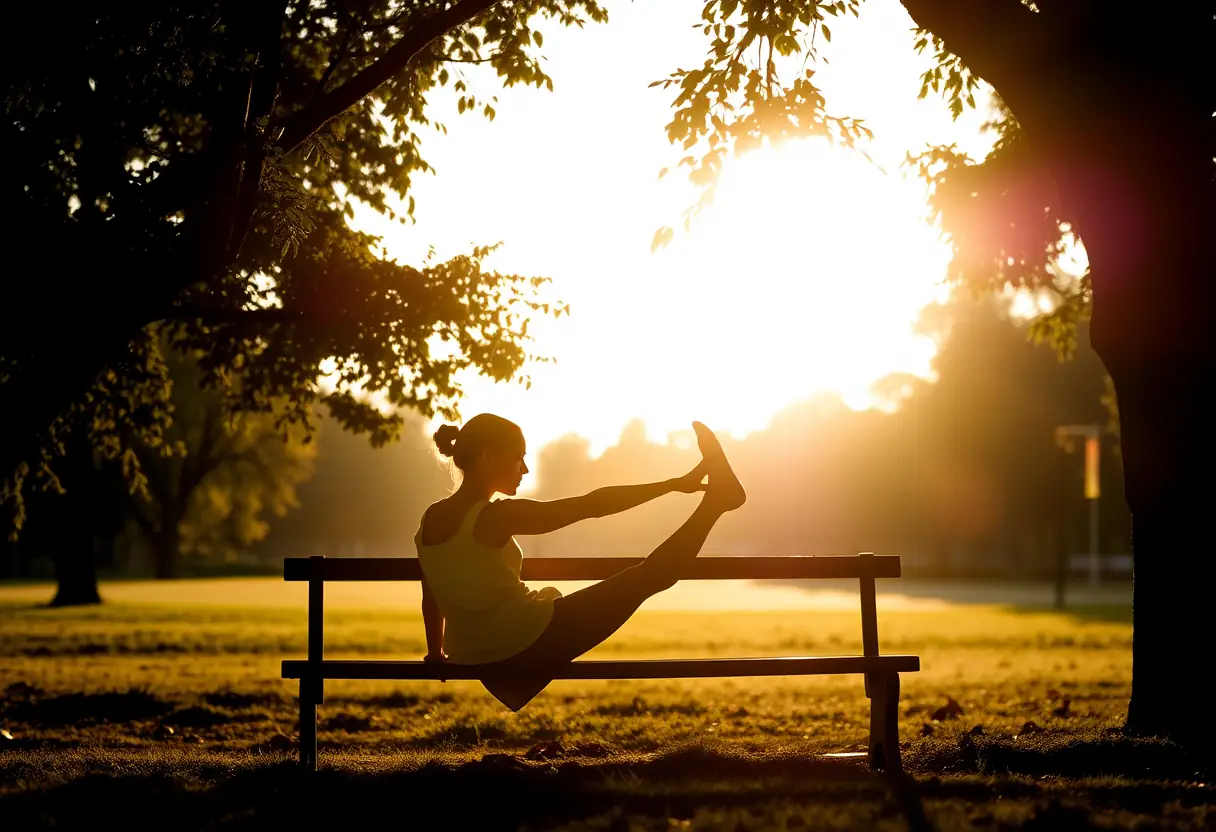 Un profil féminin s’étire sur un banc de parc ombragé par un arbre, le soleil du soir projette de longues ombres.