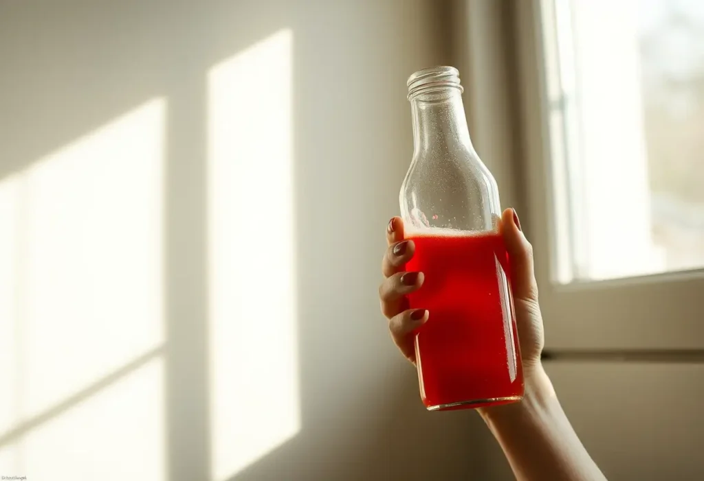 Une main tenant une bouteille de liquide rouge dans un rayon de soleil