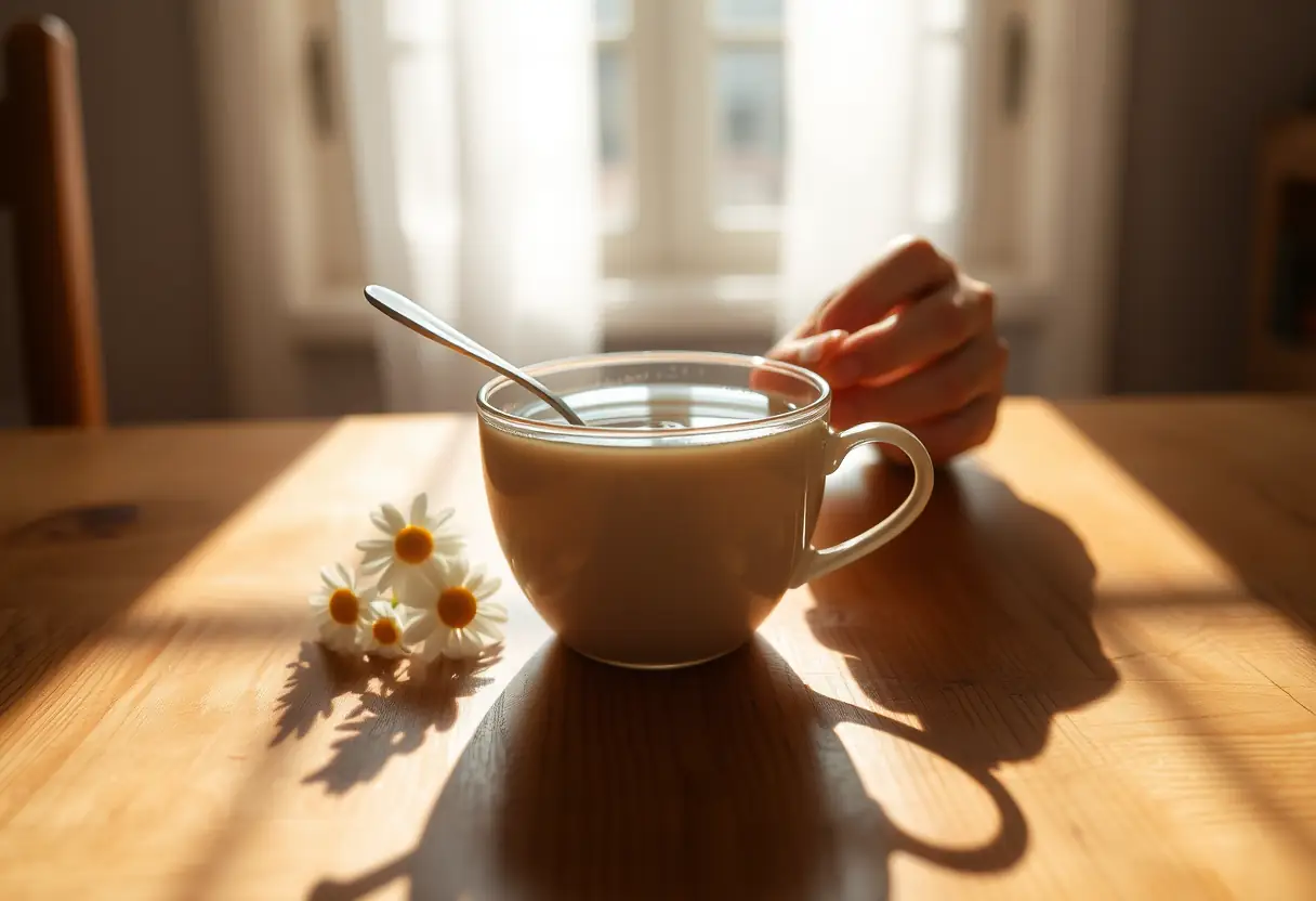 Tasse de thé aux camomiles sur une table en bois, mains qui remuent doucement