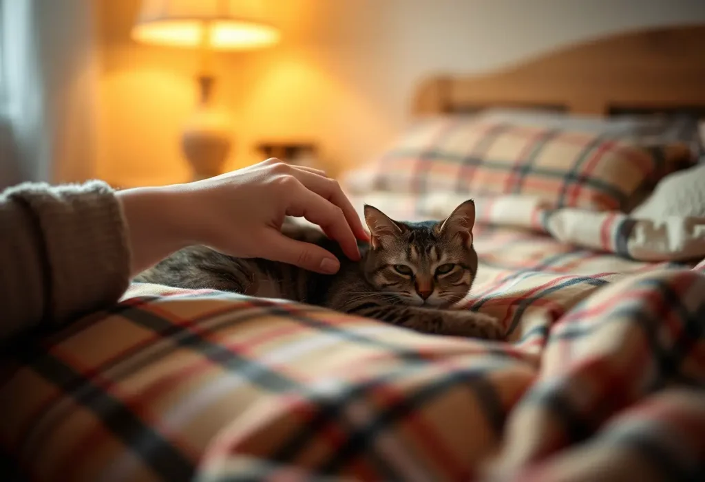 Une main caresse un chat endormi sur une couverture à carreaux, dans une chambre douillettement éclairée