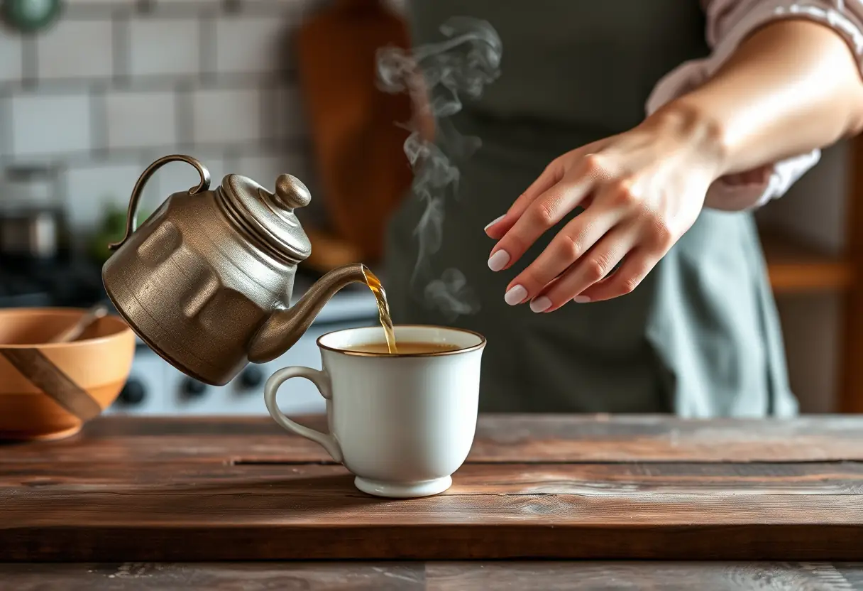 Une main verse du thé dans une tasse en porcelaine pour soulager le stress