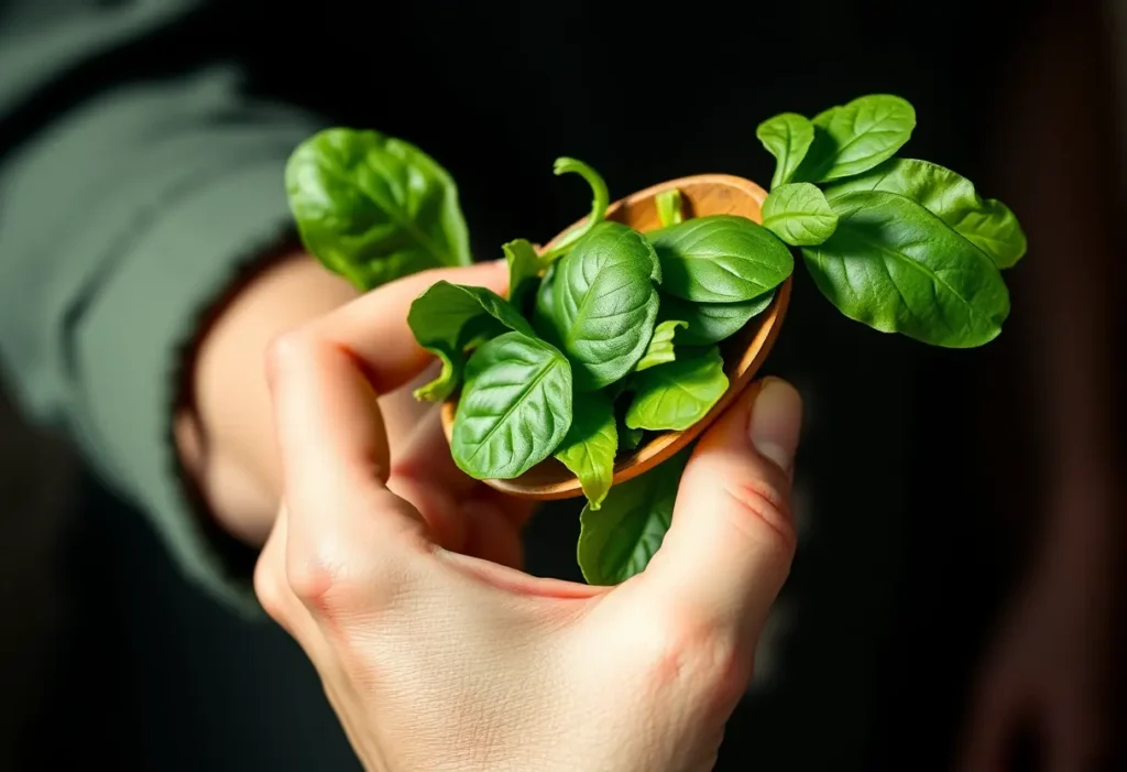 Une main tient une cuillère en bois pleine de feuilles de betterave, symbole de vitalité.