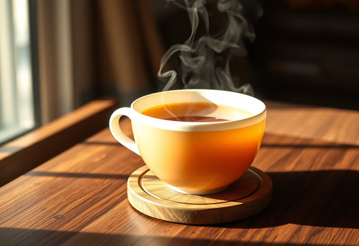 Un grand bol de thé reposant sur un coussin, moitié plein de vapeur chaude, symbole de détente.