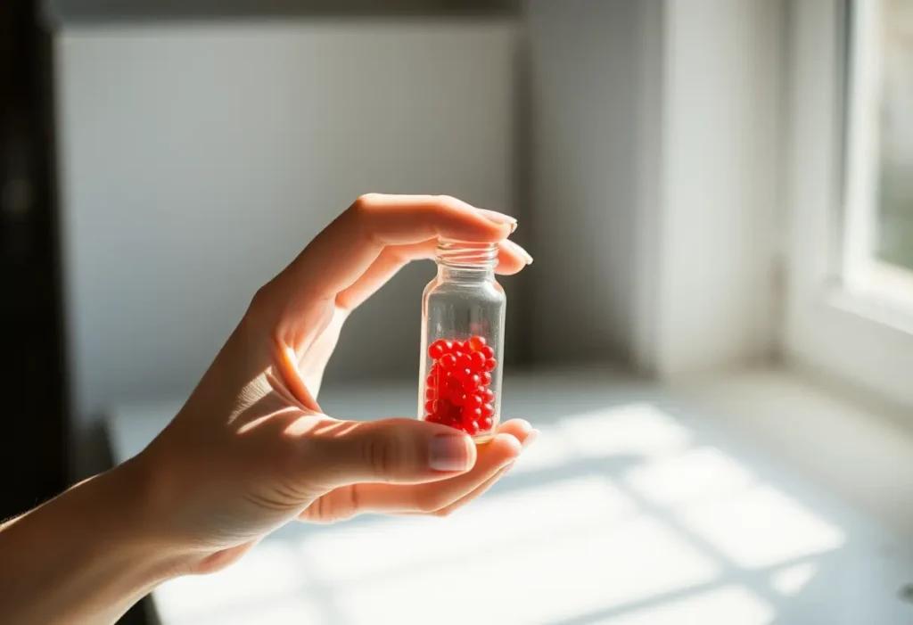 Une main féminine tient délicatement une petite bouteille en verre contenant des granules rouges.