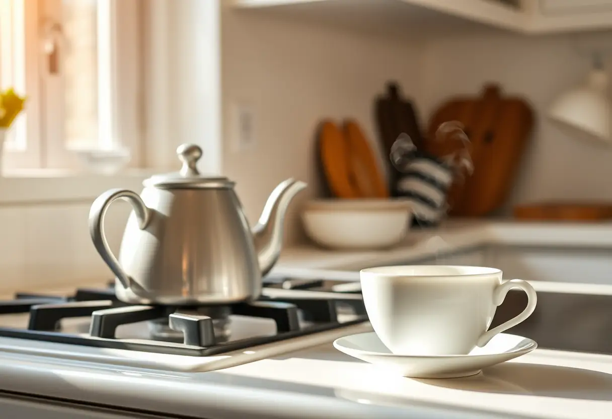Une bouilloire siffle sur un fourneau dans une cuisine accueillante, à côté se trouve une tasse de thé aromatique fumante.