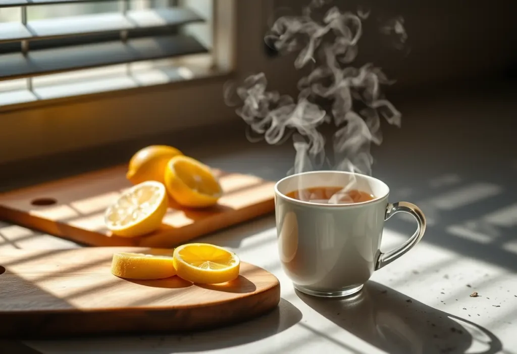 Une tasse de thé aux herbes sur un plan de travail de cuisine, accompagnée de citrons coupés, des solutions naturelles contre les règles abondantes.