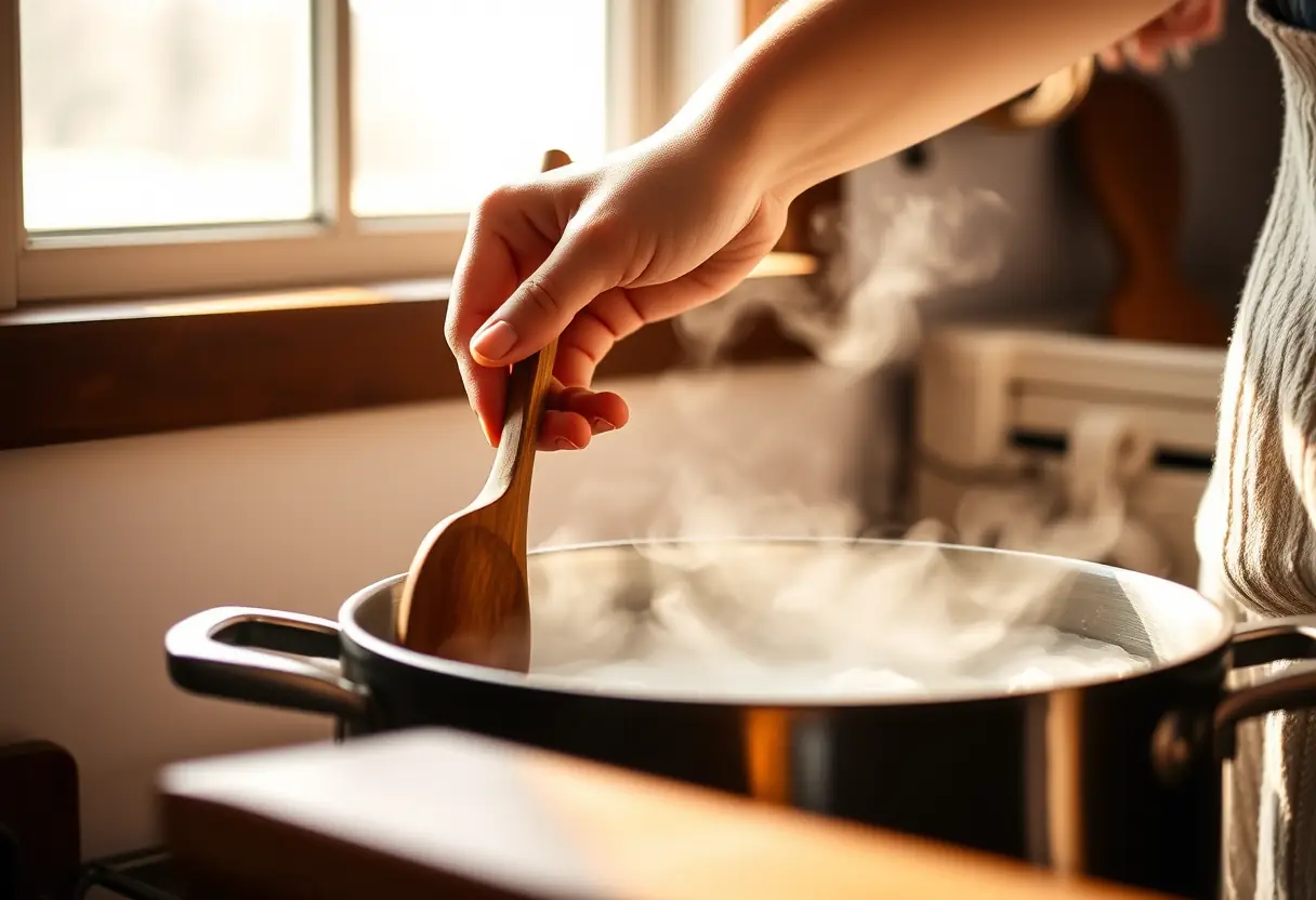 Une main féminine tient une cuillère en bois au-dessus d'une casserole fumante, éclairée par la lumière du matin